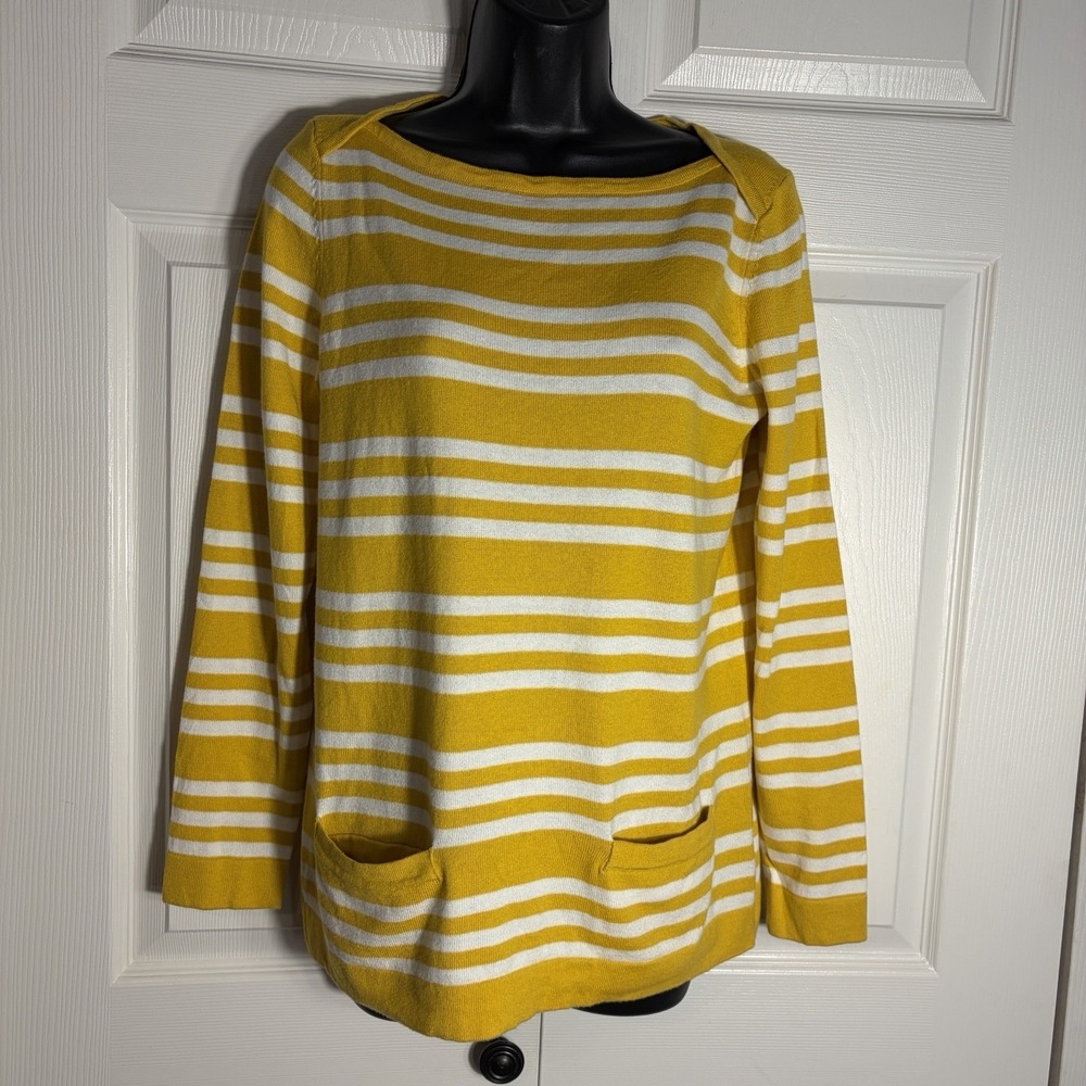 Vintage Liz Claiborne Striped Tunic Women M Yellow‎ White Y2K Pullover Pockets